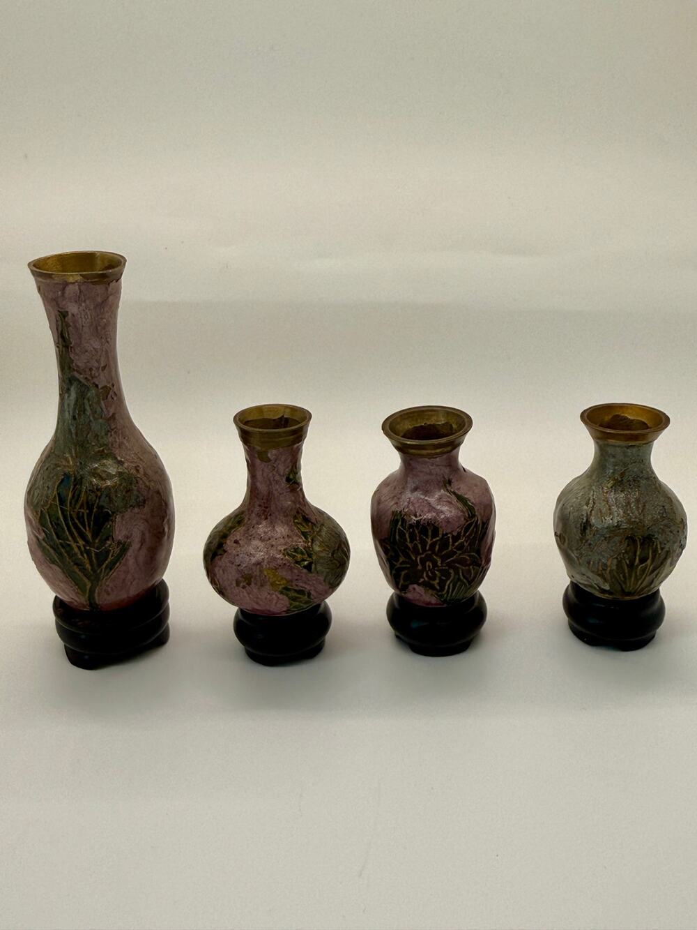Vintage Chinese Cinnabar Style Mini Vases Set 4 Floral Brass Wood Stands